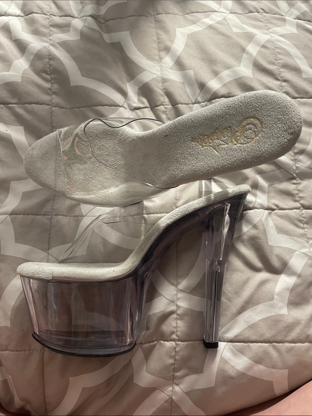 Pleaser Clear Platform Heels with Beige Footbed